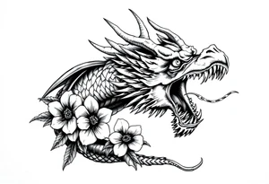 scary dragon with death flowers tattoo idea