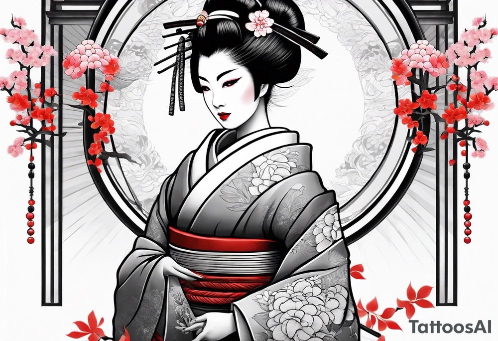 Geisha with a dress and a fan, traditional japanese, tattoo idea