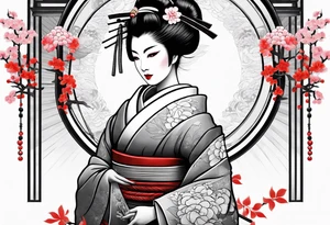 Geisha with a dress and a fan, traditional japanese, tattoo idea