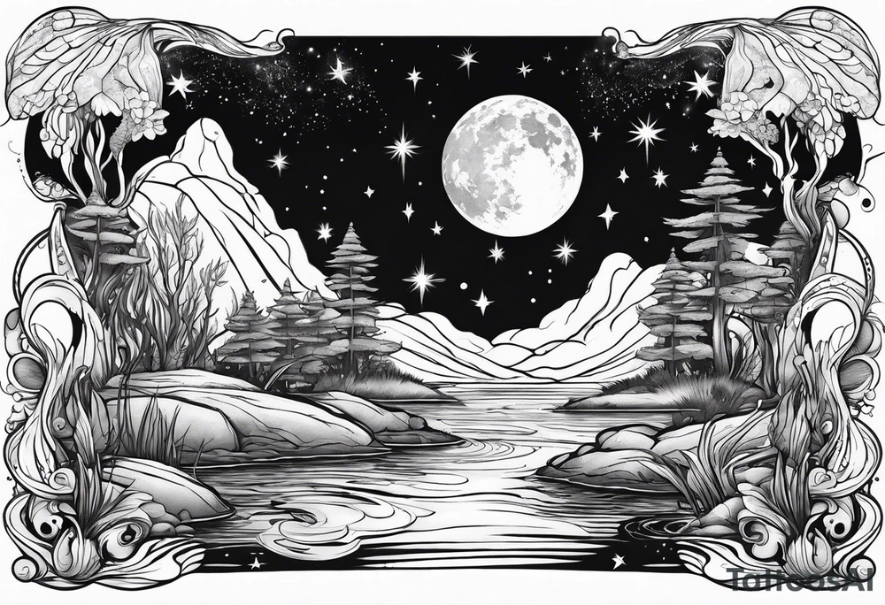 Mermaid in a swamp under the stars and planets tattoo idea