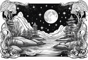 Mermaid in a swamp under the stars and planets tattoo idea