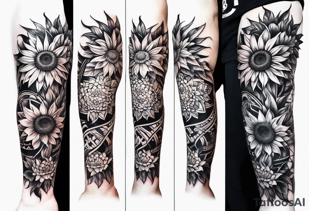 Tribal sunflower leg sleeve tattoo idea