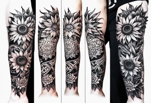 Tribal sunflower leg sleeve tattoo idea