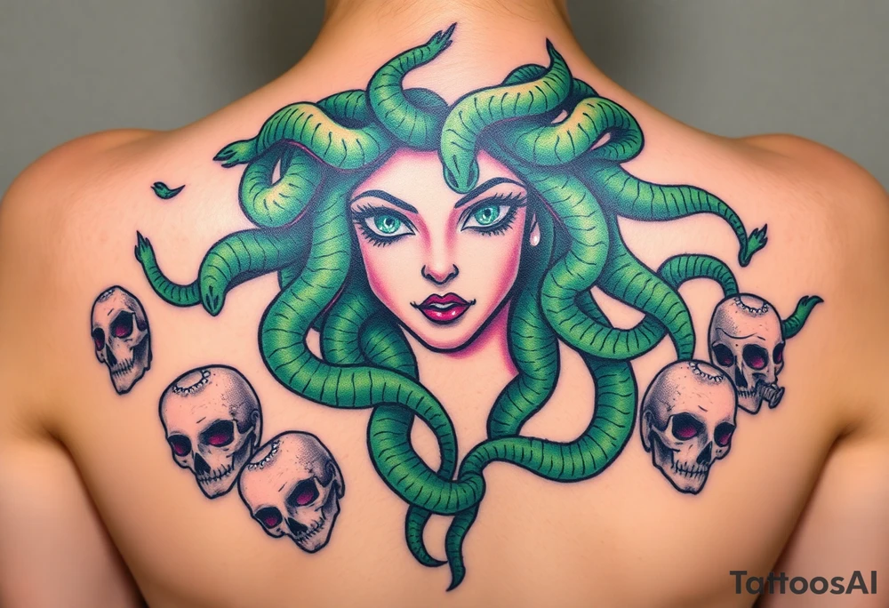 A detailed Medusa portrait with emerald-green serpents, her gaze hypnotic, surrounded by shattered stone faces of her victims tattoo idea