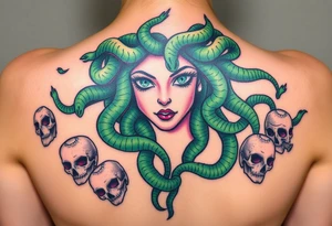 A detailed Medusa portrait with emerald-green serpents, her gaze hypnotic, surrounded by shattered stone faces of her victims tattoo idea