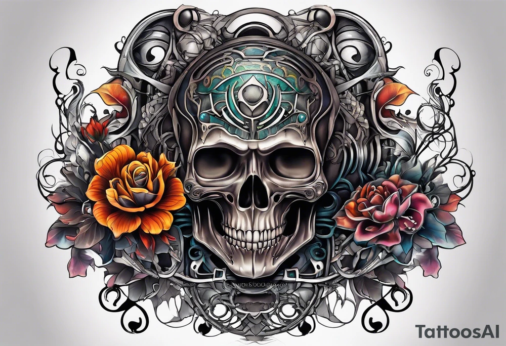 H.R. Giger tattoo with evil skull, various flowers, geometric shapes, water flow and fall colors tattoo idea