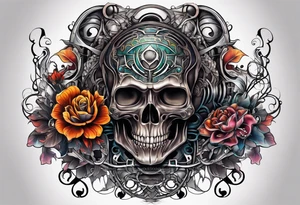 H.R. Giger tattoo with evil skull, various flowers, geometric shapes, water flow and fall colors tattoo idea