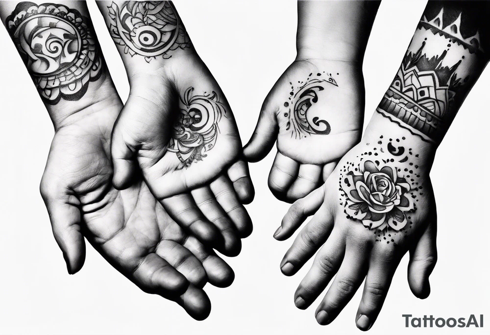 handprints of three childrens with a male fathers hand. The children are two girls and 1 boy. tattoo idea