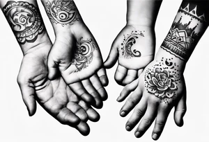 handprints of three childrens with a male fathers hand. The children are two girls and 1 boy. tattoo idea