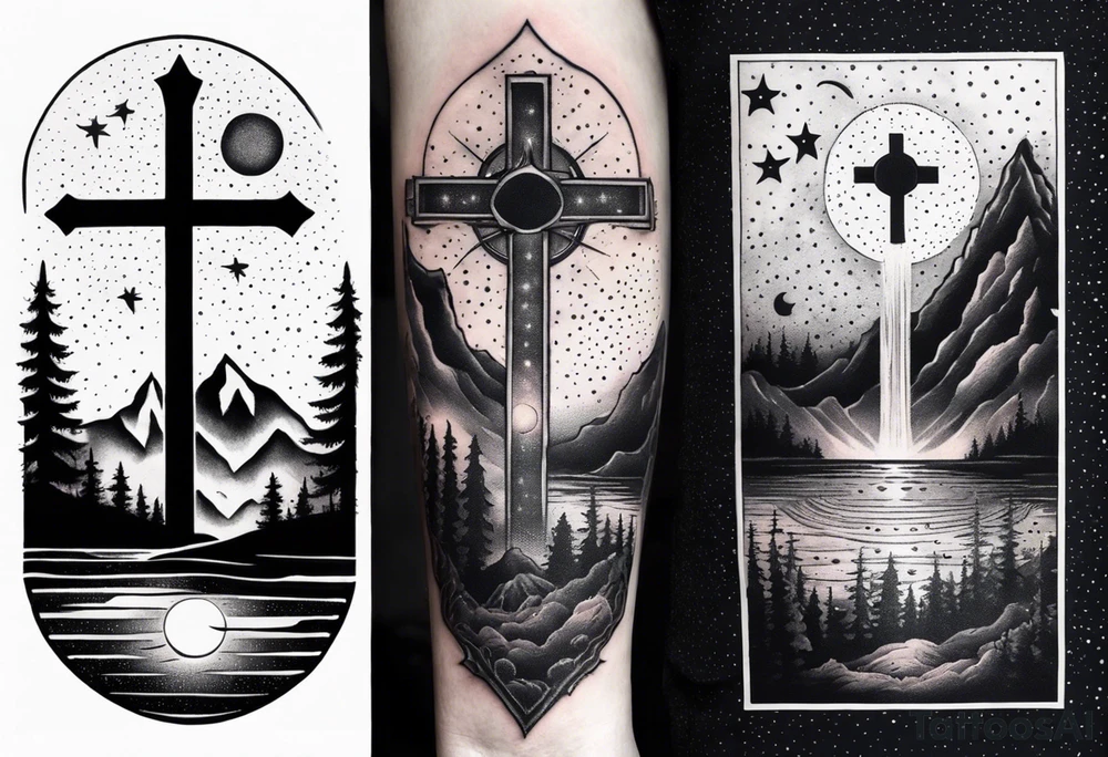 nature with mountains, waterfall, water, and a cross in the background and and moon/sun in the sky with stars tattoo idea
