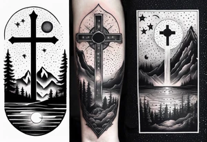 nature with mountains, waterfall, water, and a cross in the background and and moon/sun in the sky with stars tattoo idea