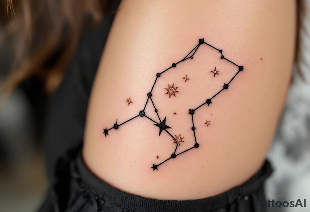 Constellation lines drawn in jet black, with each Capricorn star filled in with shimmering rose gold. tattoo idea