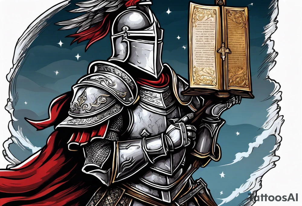 knight holding a bible over his head in combat tattoo idea