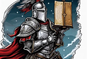 knight holding a bible over his head in combat tattoo idea