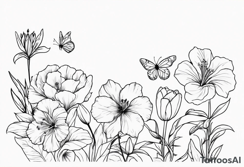 Verticle arm placement of dainty hibiscus, TULIPS, LILLIES, DRAGONflower, with wildflowers, poppy, complimentary flowers, bees, peony, forearm tattoo idea