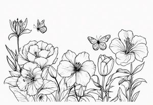 Verticle arm placement of dainty hibiscus, TULIPS, LILLIES, DRAGONflower, with wildflowers, poppy, complimentary flowers, bees, peony, forearm tattoo idea