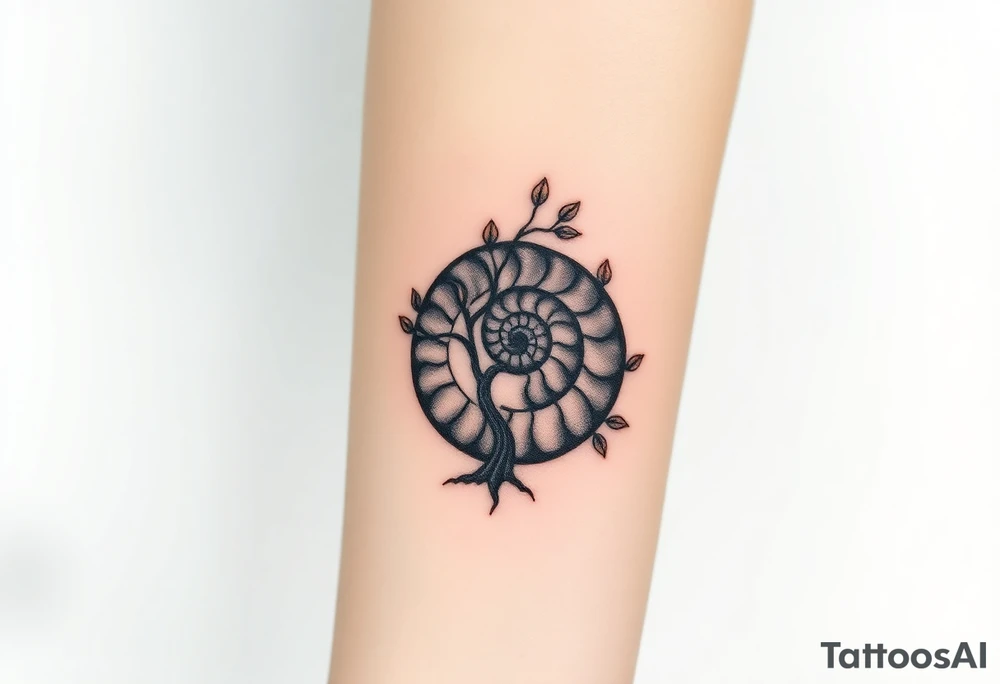 Fibonacci spiral shell inside of tree with little leaves tattoo idea
