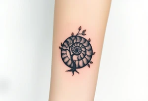 Fibonacci spiral shell inside of tree with little leaves tattoo idea
