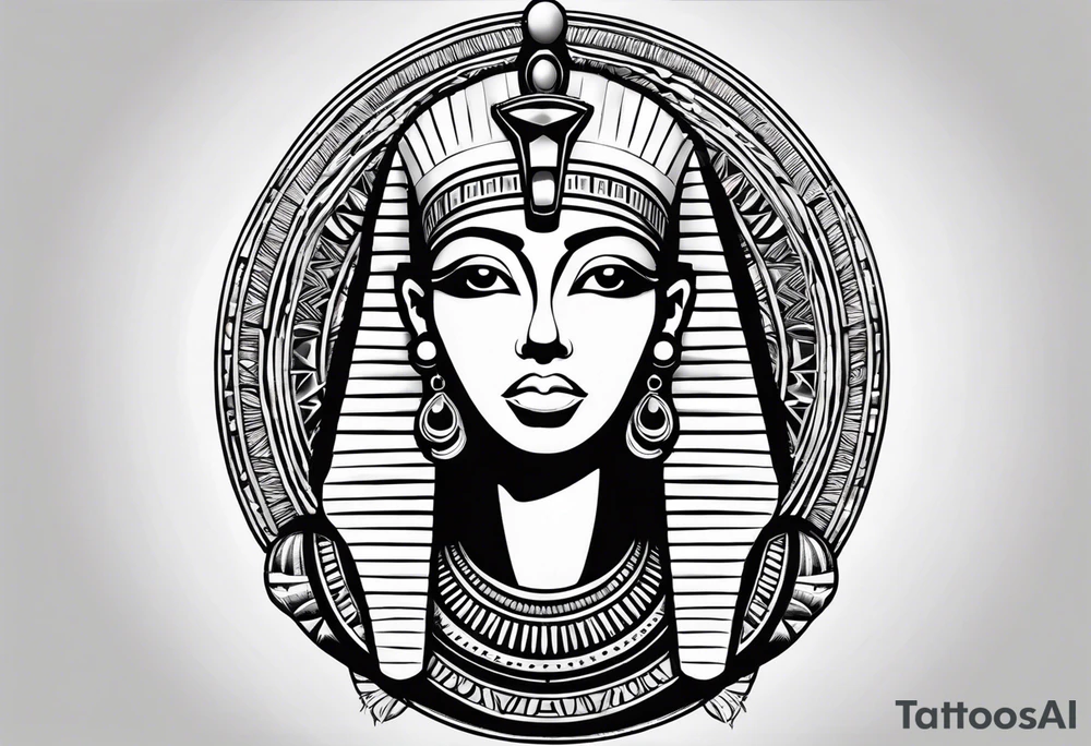 Egyptian figure girl. The figure should be from the hips, featuring a regal headdress and detailed facial markings reminiscent of ancient Egyptian art. Include mystical and symbolic elements such as the Eye of Horus and ankh, blending subtly with geometric background patterns. tattoo idea