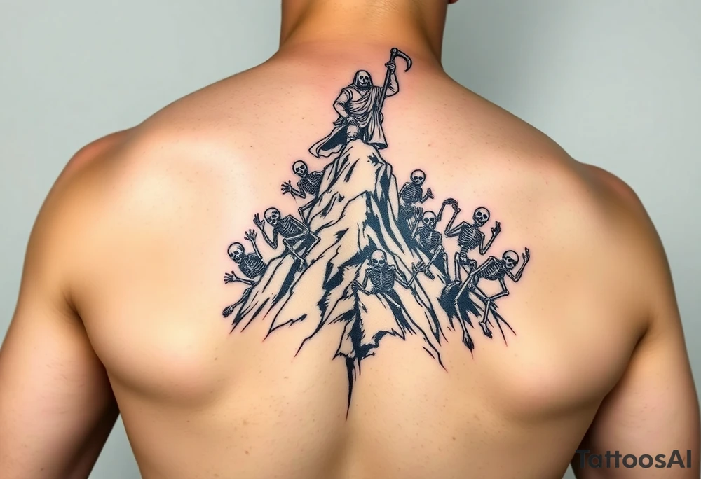 Necromancer on a mountain top, raising zombies and skeletons from the dead below. The zombies and skeletons are climbing up to him,  piling up to climb the mountain tattoo idea