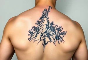 Necromancer on a mountain top, raising zombies and skeletons from the dead below. The zombies and skeletons are climbing up to him,  piling up to climb the mountain tattoo idea