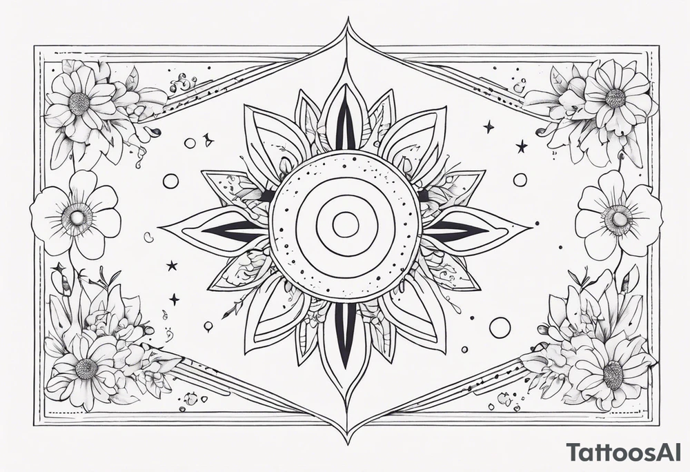 fine line with sun, stars, floral, dots. Sternum tattoo tattoo idea