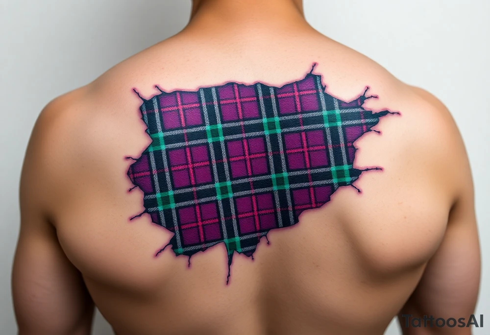 Dark Purple with green pink blue and white highlights tartan fabric on arm with skin ripping away at edges tattoo idea