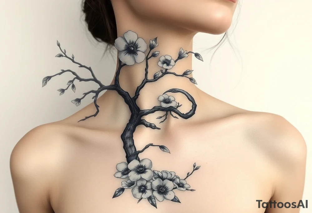 Ethereal ethnic woman forming a blossoming peach tree with a Scorpio on a branch with morning glories & cosmo flowers underneath tattoo idea