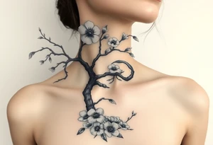 Ethereal ethnic woman forming a blossoming peach tree with a Scorpio on a branch with morning glories & cosmo flowers underneath tattoo idea