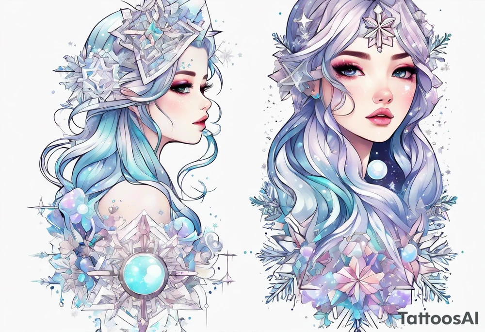 Constellation, kawaii girl , snowflake tattoo idea