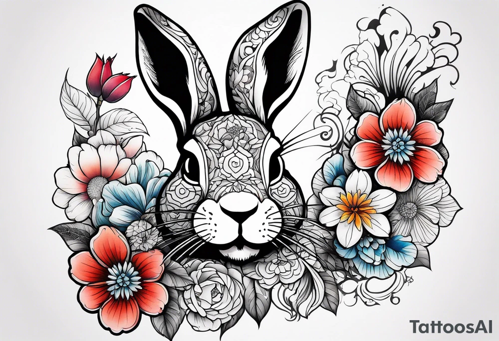 Rabbit head and flowers tattoo idea