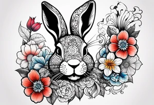 Rabbit head and flowers tattoo idea