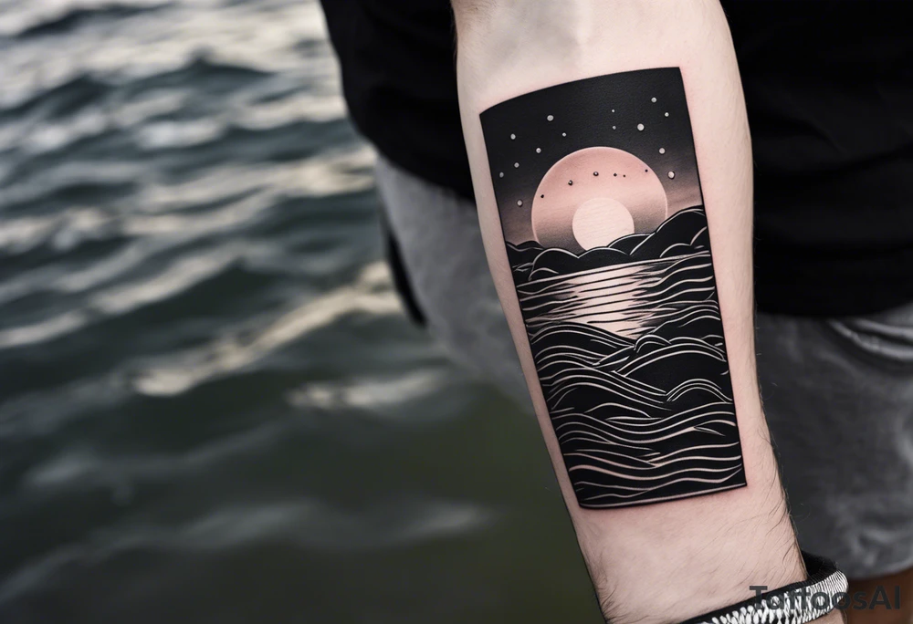 Minimalistic, small, black and white tattoo on male forearm. Tattoo style is line drawing. From the perspective of being on the ocean, the water is calm, with no waves in sight, the sun is setting behind the ocean, reflecting light onto the water. The tattoo in the shape of a rectangle, 4 inches wide by 2 inches tall. tattoo idea