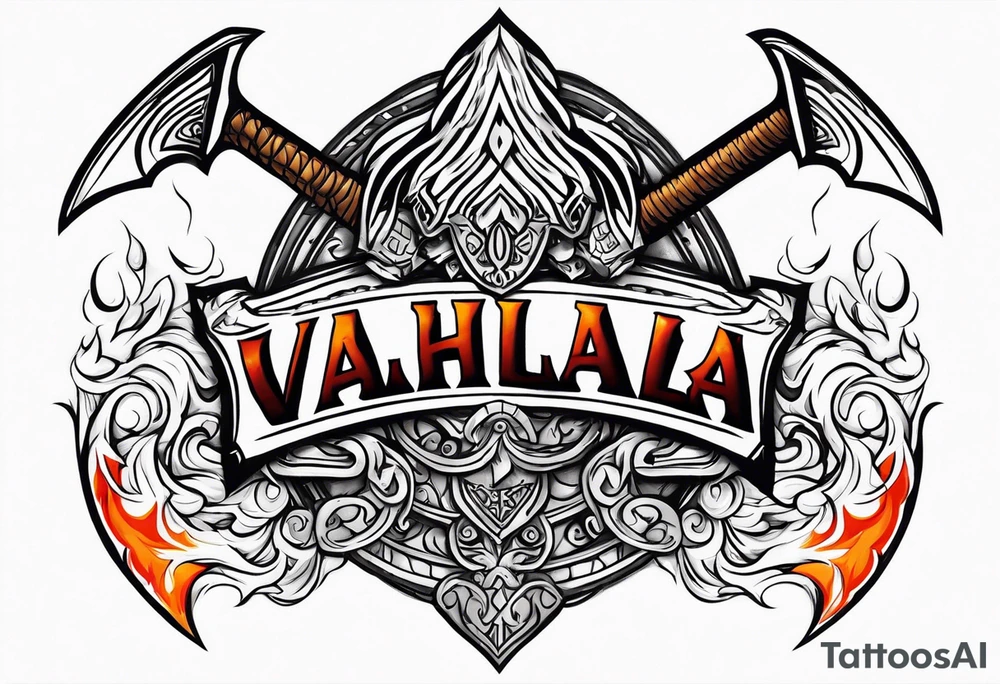 valhalla on fire sword shield axe warrior tattoo idea