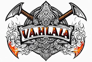 valhalla on fire sword shield axe warrior tattoo idea