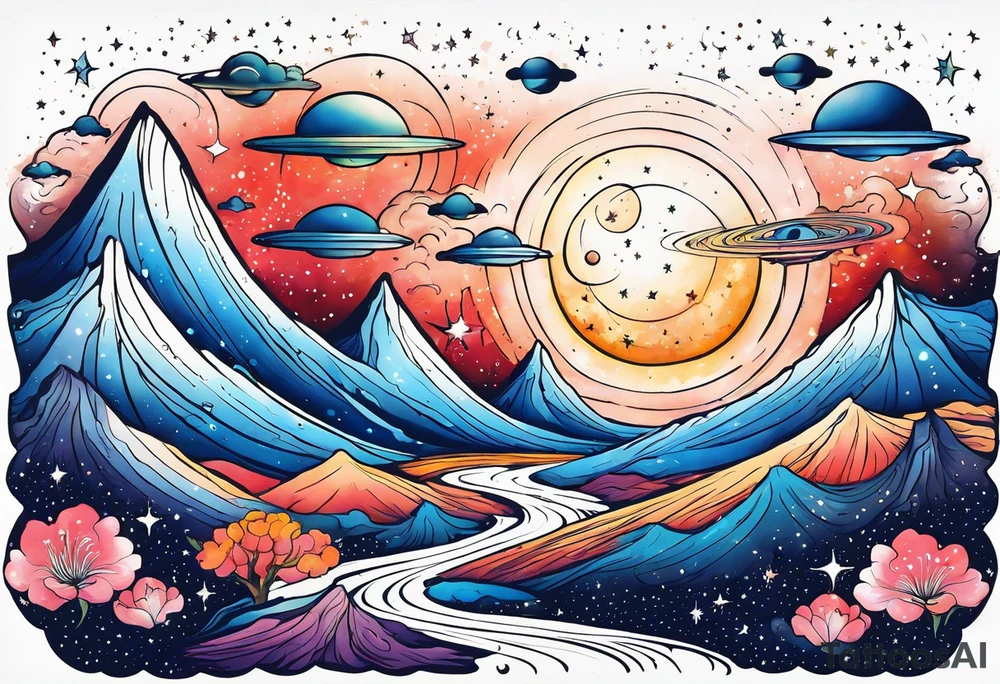 Celestial Galaxy scene with beautiful details of gas stars and space tattoo idea