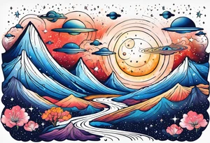 Celestial Galaxy scene with beautiful details of gas stars and space tattoo idea