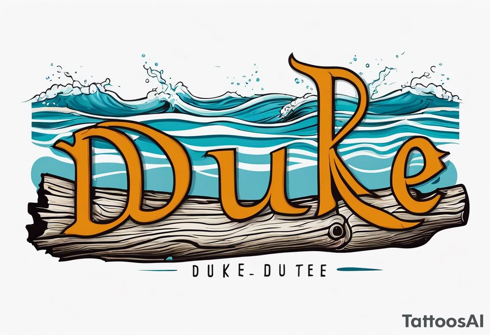 piece of driftwood underwater with the word duke scribed into the wood tattoo idea