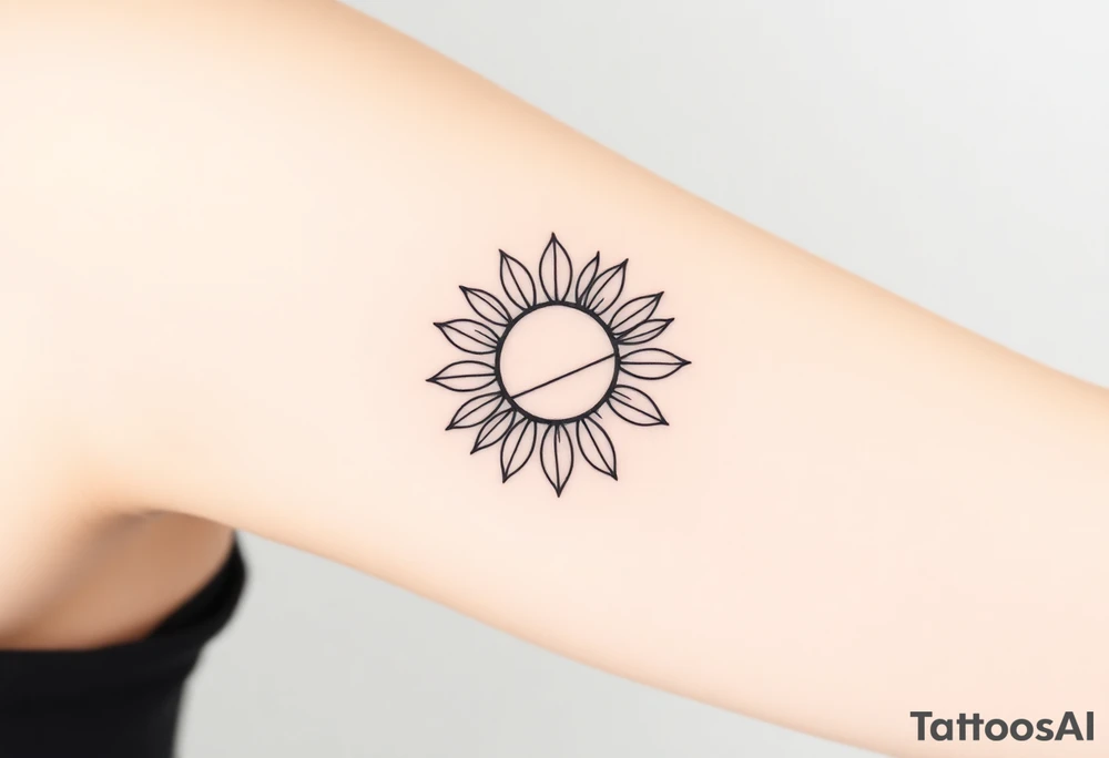 Half Sunflower, half sun tattoo that will "shine" on my bicep with stem, fine line and feminine tattoo idea