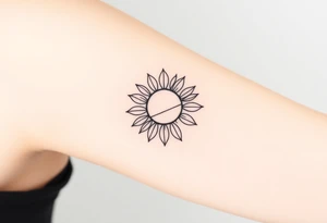 Half Sunflower, half sun tattoo that will "shine" on my bicep with stem, fine line and feminine tattoo idea