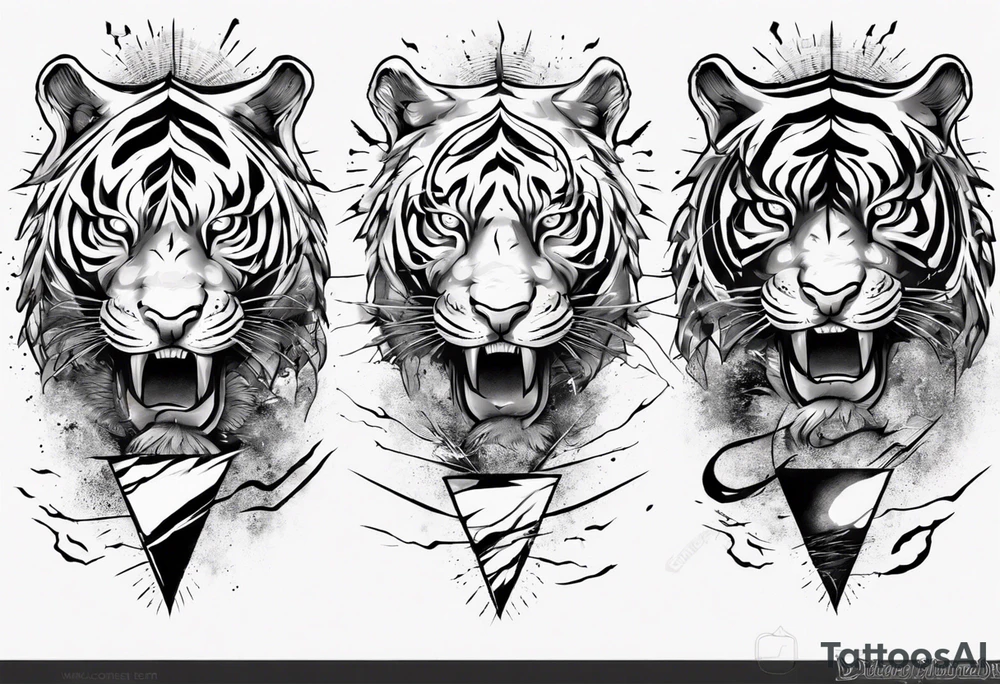 Ancient tiger with lightning and a sun for a forearm sleeve tattoo idea