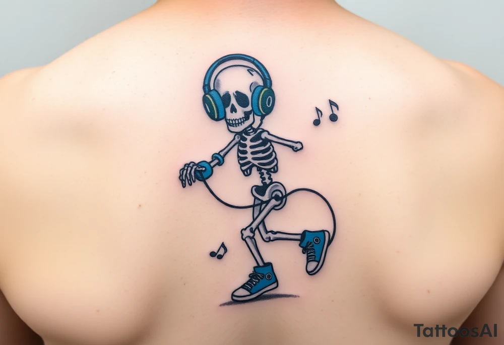 Minimalist funny looking dwarf skeleton skipping on a jumping rope with blue headphone blue tennis shoes blue arm bands and music notes colorful tattoo idea