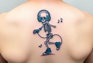 Minimalist funny looking dwarf skeleton skipping on a jumping rope with blue headphone blue tennis shoes blue arm bands and music notes colorful tattoo idea