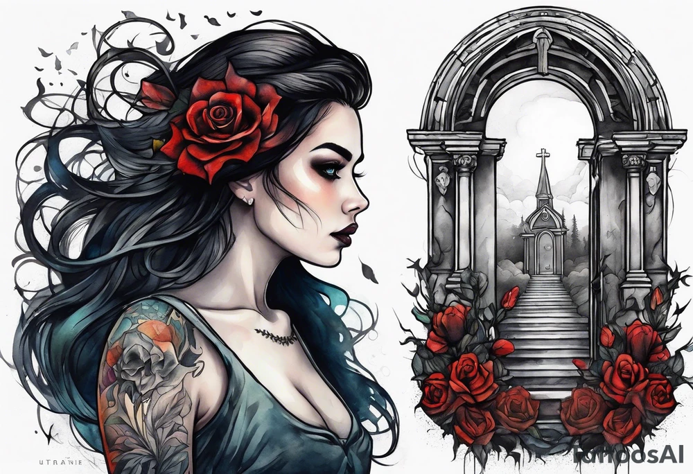 Woman walking out of a graveyard  leaving her old terrifying past behind her ethereal and mysterious tattoo idea