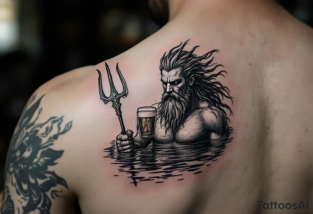 fit poseidon, with a trident, in calm water, holding a beer tattoo idea