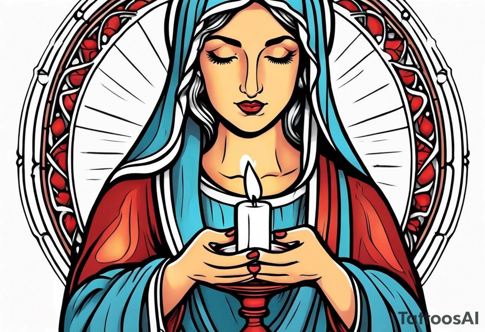 virgin maria holding candle in hands tattoo idea