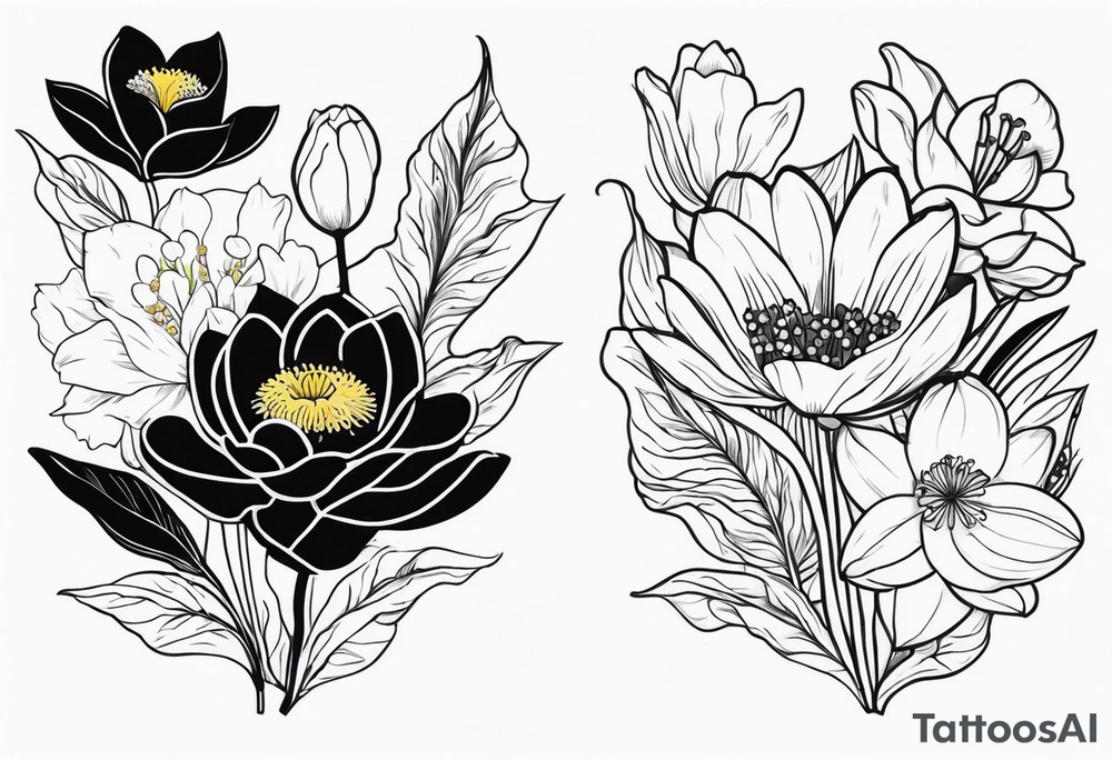 Poppy, water lily, Lily of the valley, daffodil, cosmo flower bouquet, portrait style tattoo idea