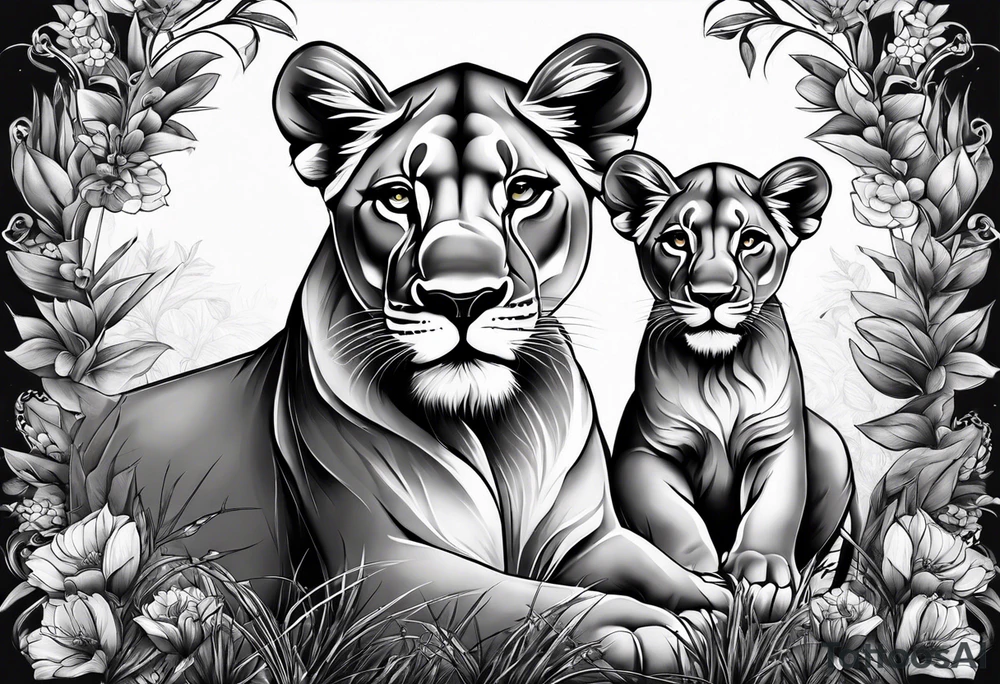 Lioness on her hind legs
protecting her two cubs tattoo idea