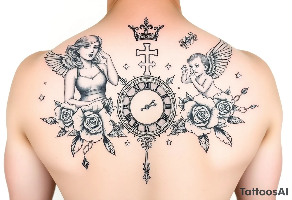Roulette casino and princess and cross, baby angels, roses and clock and stars and fish, crown tattoo idea