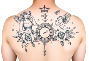 Roulette casino and princess and cross, baby angels, roses and clock and stars and fish, crown tattoo idea